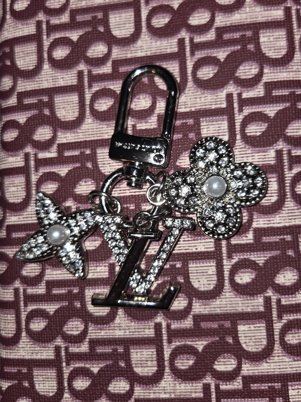 Designer-Inspired Silver Crystal Charm Keychain with Pearls